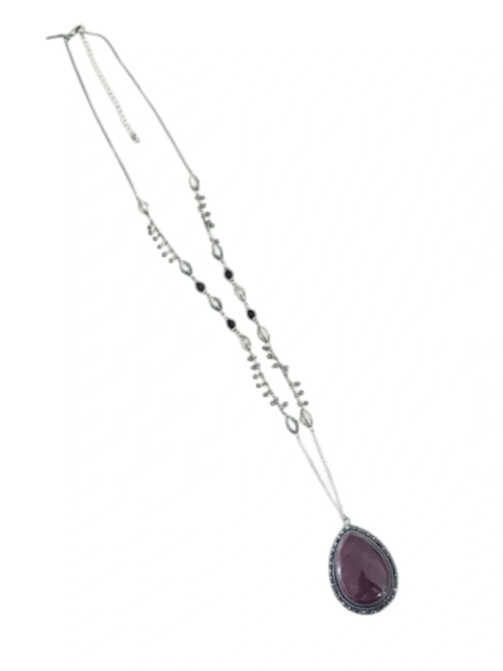 WHBM Multi Crystal Chain Necklace Oval Stone Pendant Burgundy Red Silver